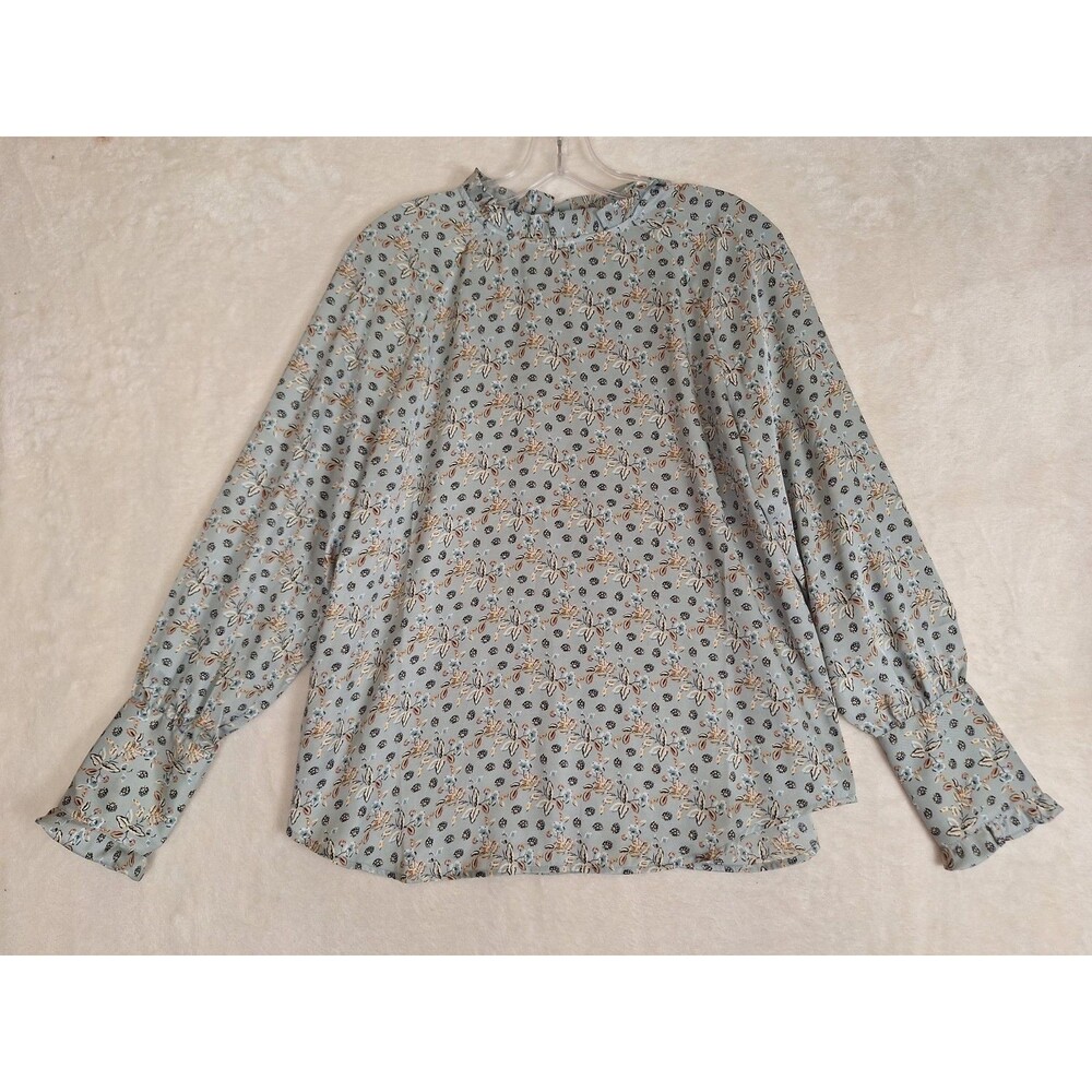 Ann Taylor Top Womens M Blue Floral Lightweight Bishop Sleeve Ruffle Business